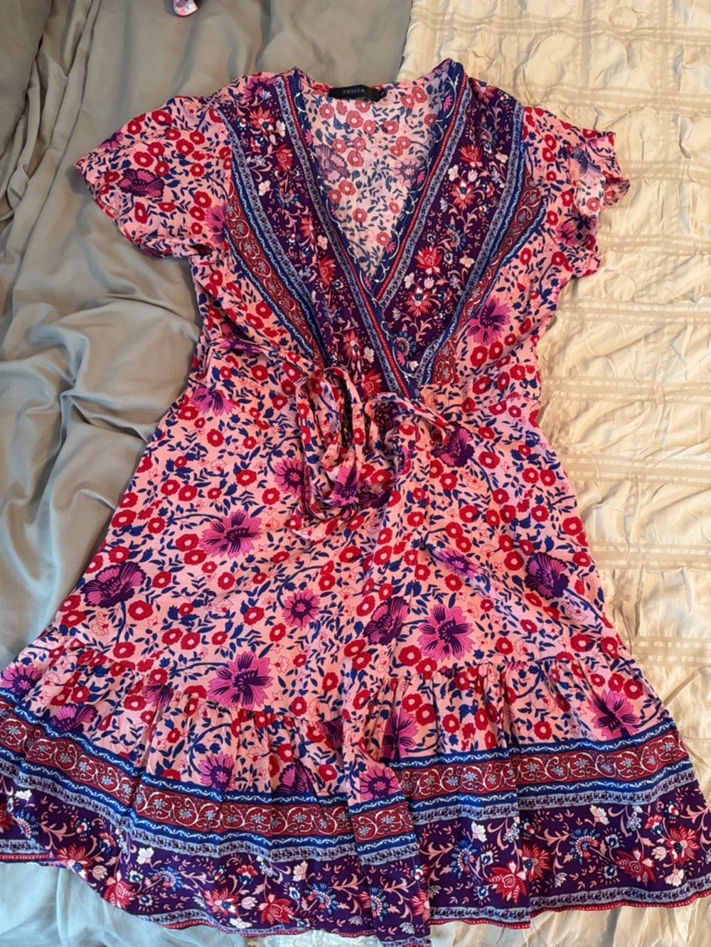 Women's Pink Floral Wrap Mini Dress